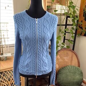Faconnable French Blue Cable Knit Zip Up Cardigan Sweater